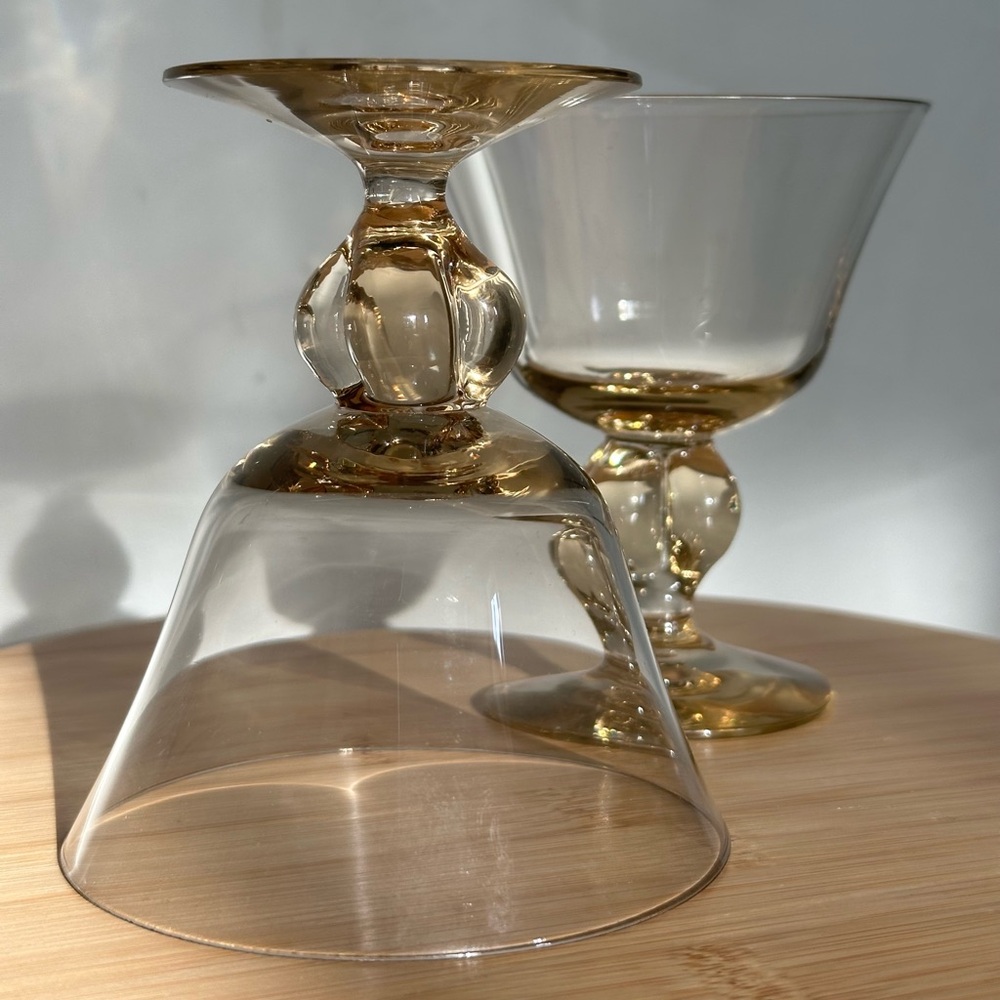 Set of Two Amber gold crystal coupe glasses MCM designed by Siegfried Stahl